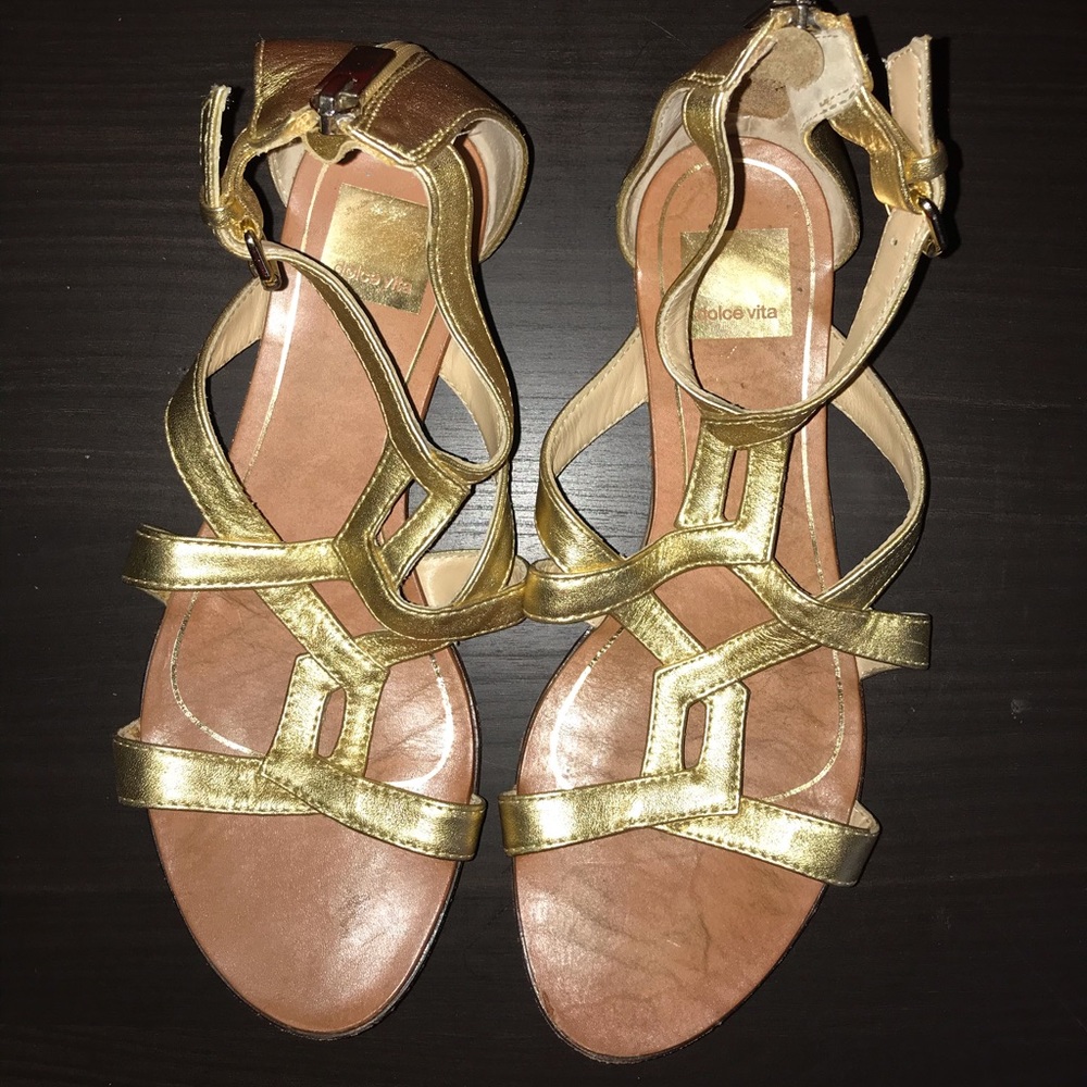 Dolce Vita Gold Leather Flat Sandals
